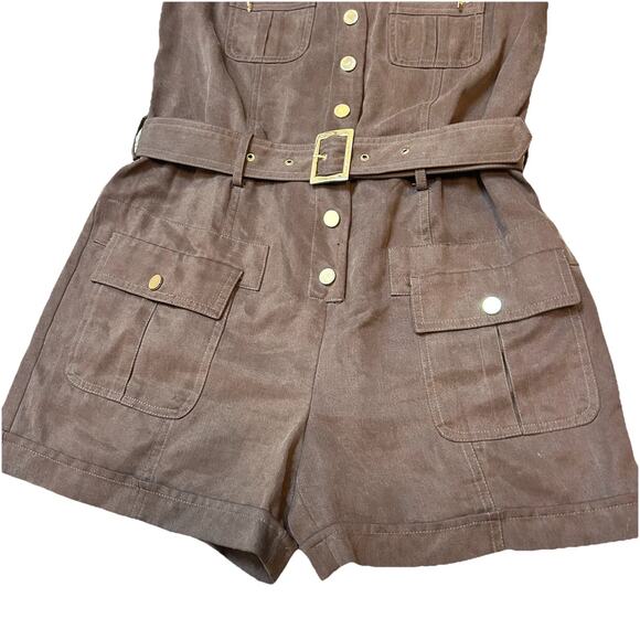 RARE Y2K Cache Tencel Romper Size S Gold Buttons Belted Mock Neck Breathable - Picture 4 of 9